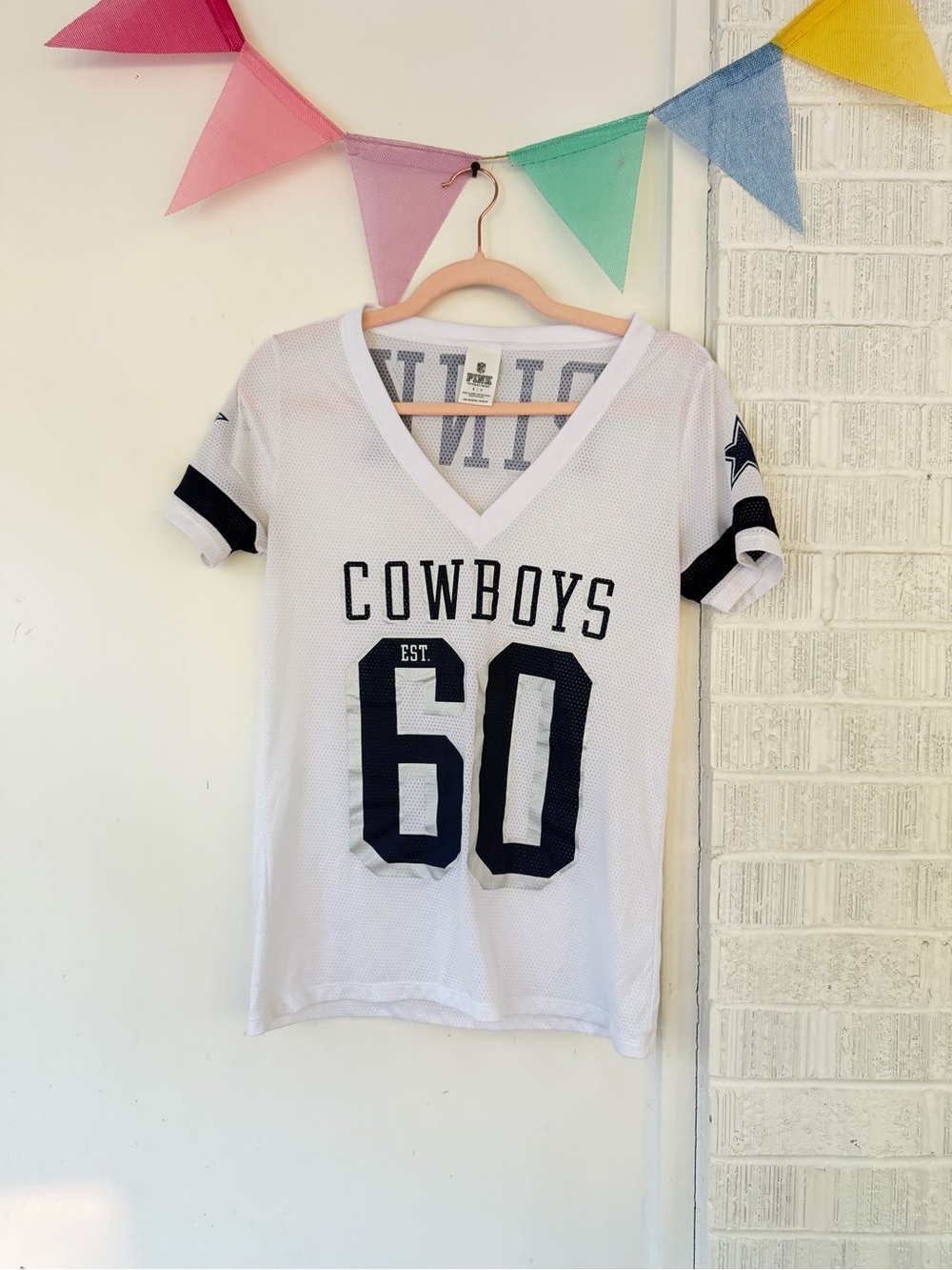 Victoria's Secret White Mesh 'Cowboys 60' Jersey Tee with Navy Accents